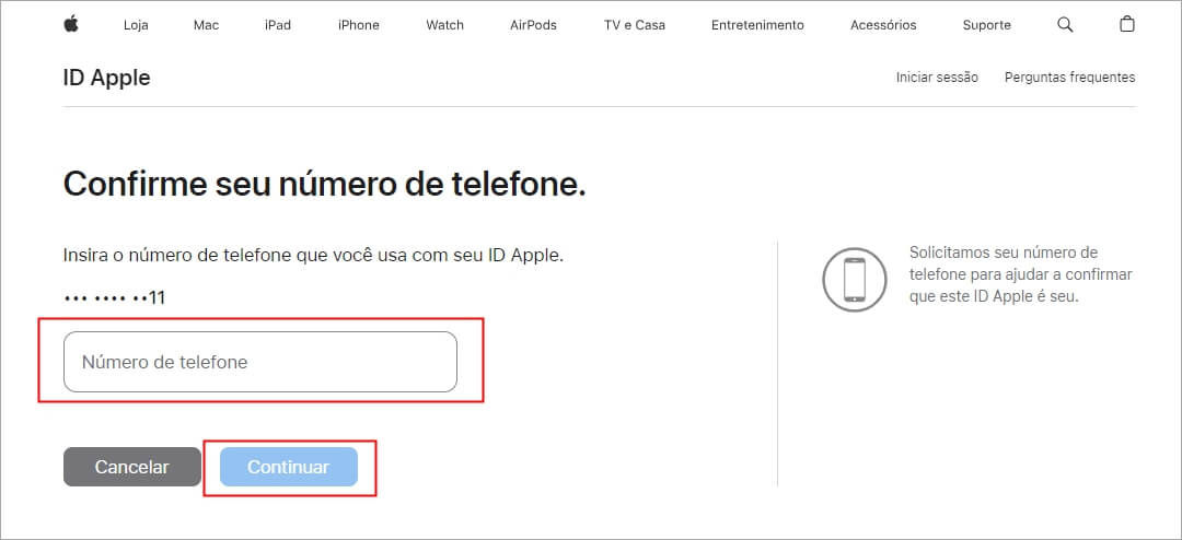 Digitar número do telefone vinculado à conta iCloud