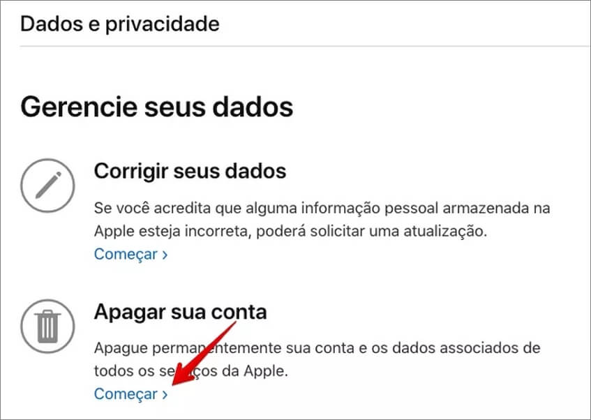 Remover conta do iCloud no site da privacidade da Apple