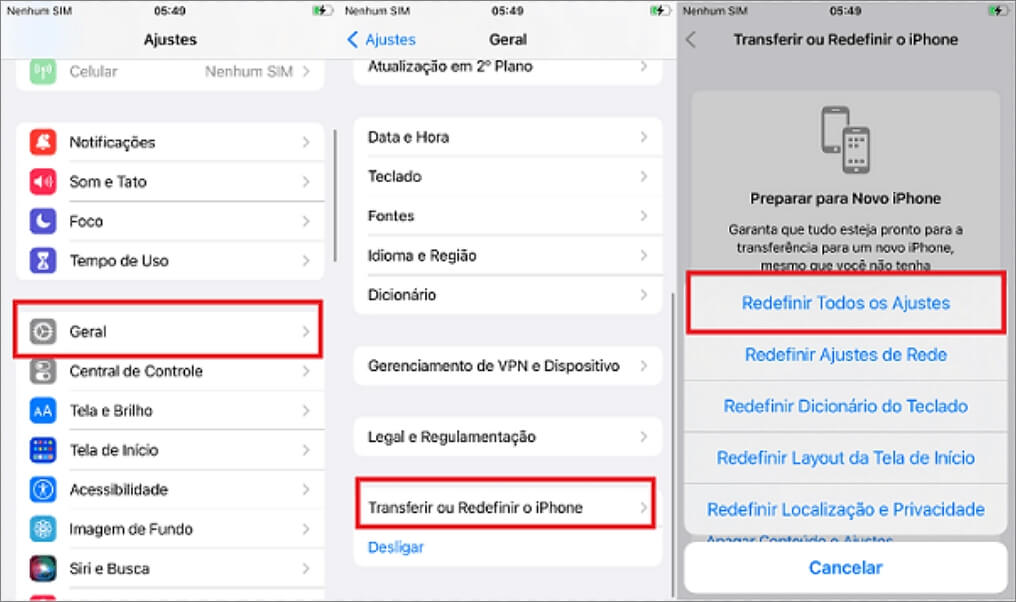 Redefinir todos os ajustes do iPhone