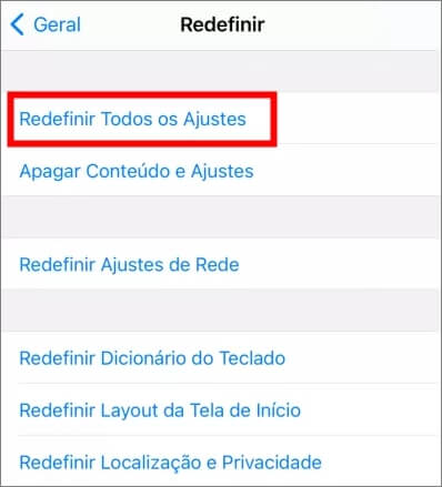 Redefinir todos os ajustes do iPhone