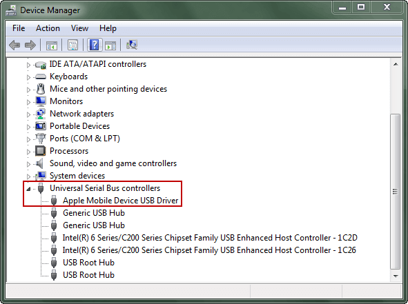 Verificar itunes driver