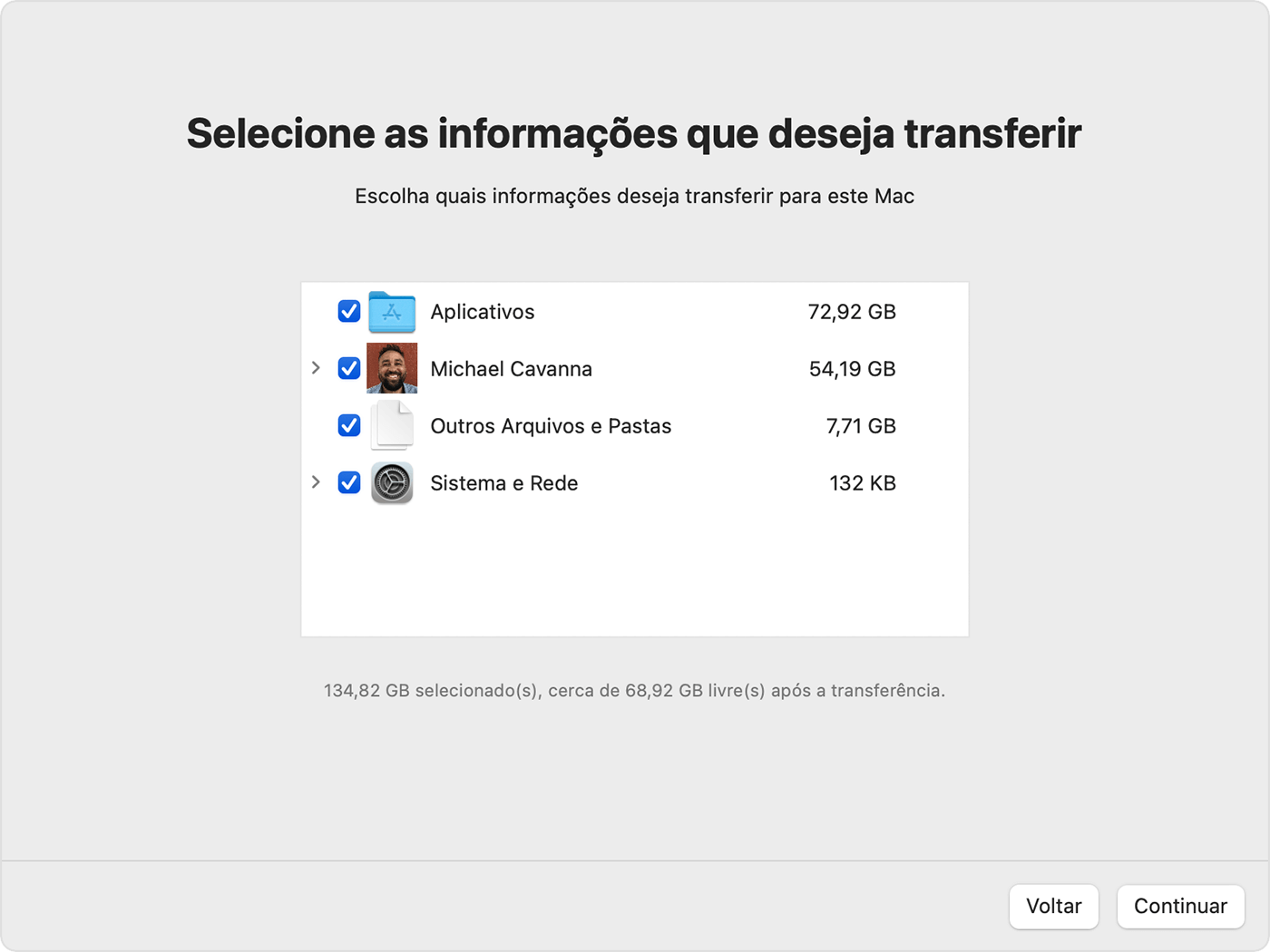 Selecione informações que deseja transferir para Mac depois de formatar Macbook air