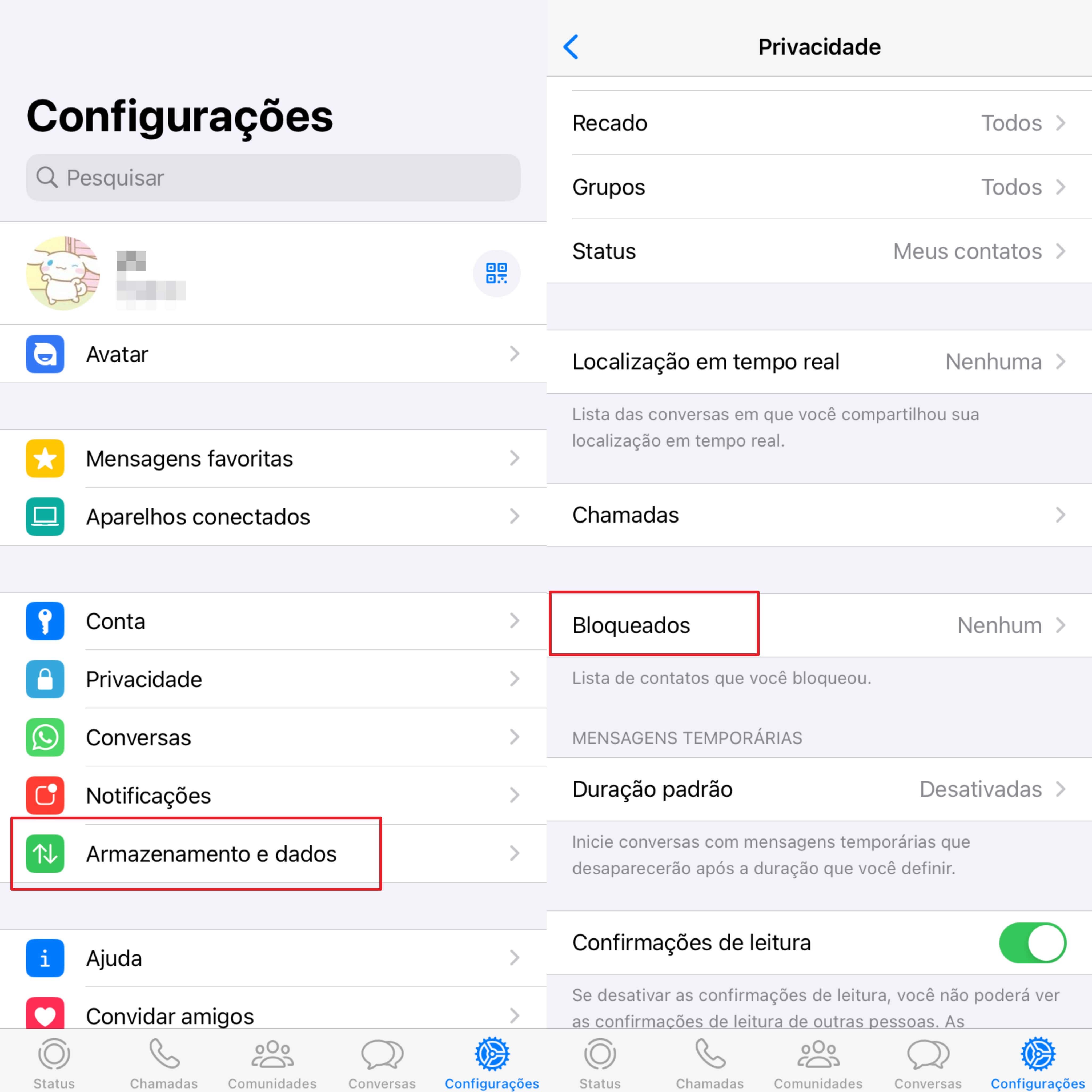 Verifique os contatos bloqueados do WhatsApp