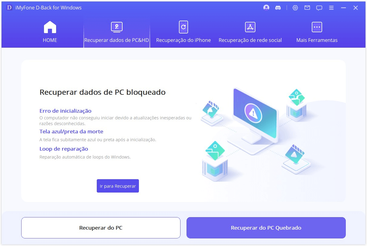Selecione o local para recuperação do computador travado