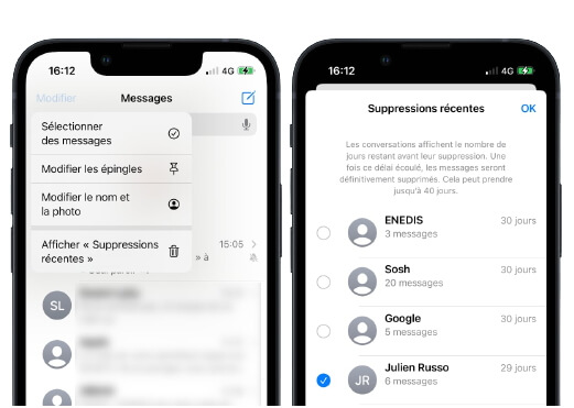 Récupérer les messages supprimés iPhone - Suppressions récentes