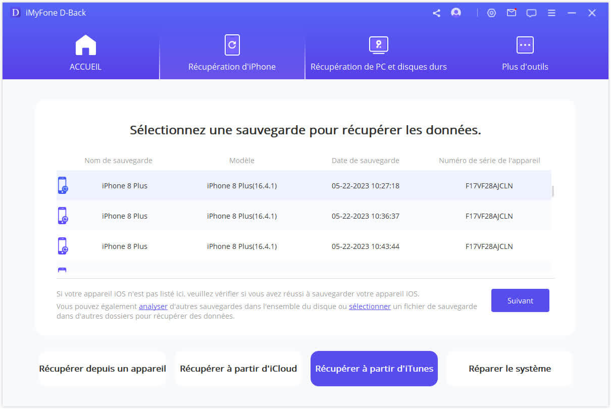 sélectionnez une sauvegarde iTunes que vous devez récupérer
