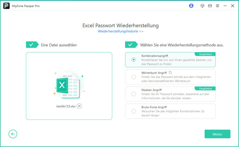 Wählen Sie eine Methode, um Dateipasswort wiederherzustellen