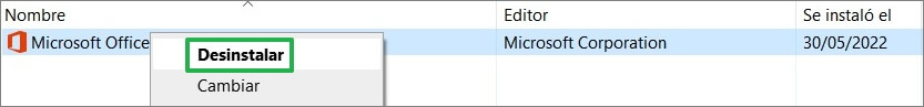  Desinstalar Excel en panel de control