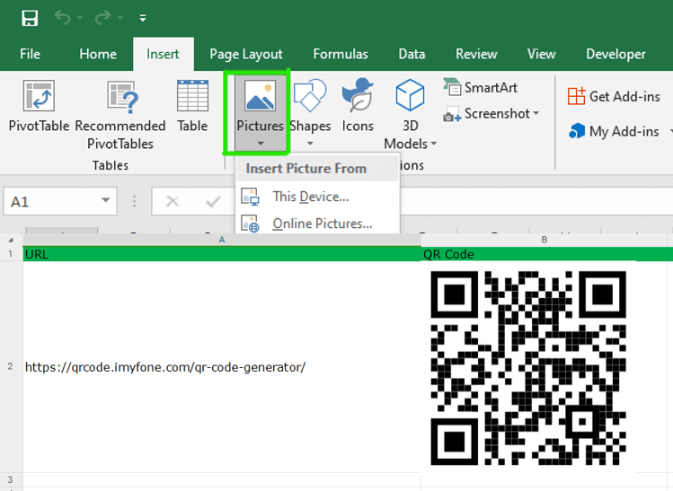 insert qr code into excel