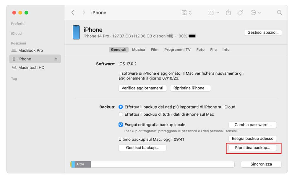 ripristinare il backup di iTunes