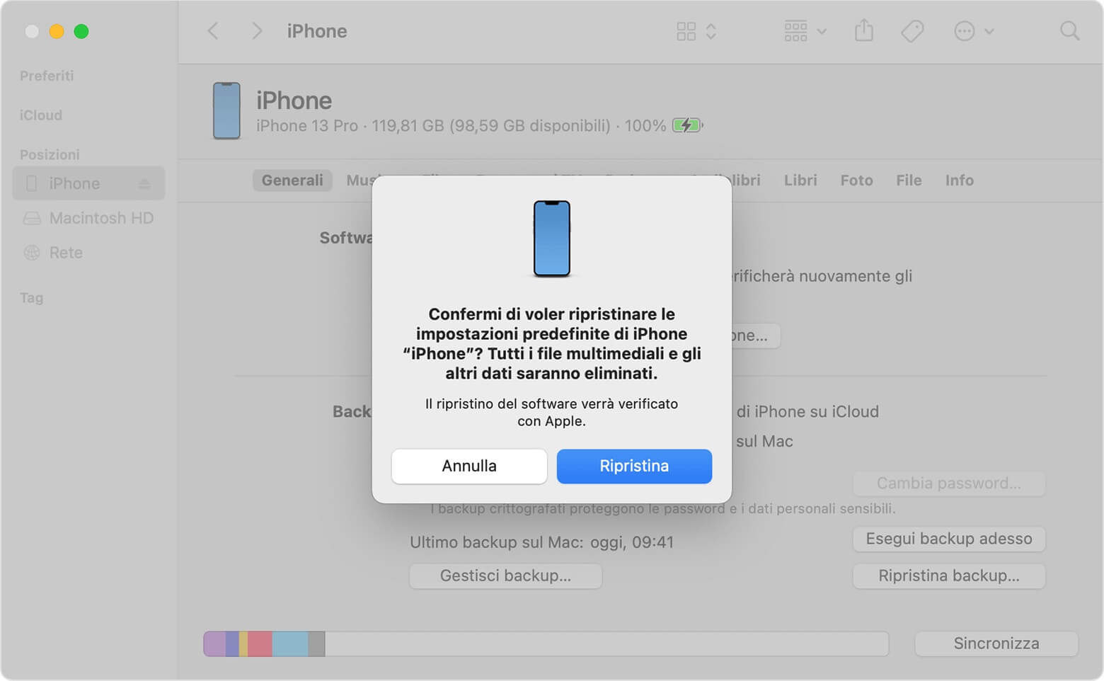 Ripristino delle impostazioni di fabbrica dell'iPhone